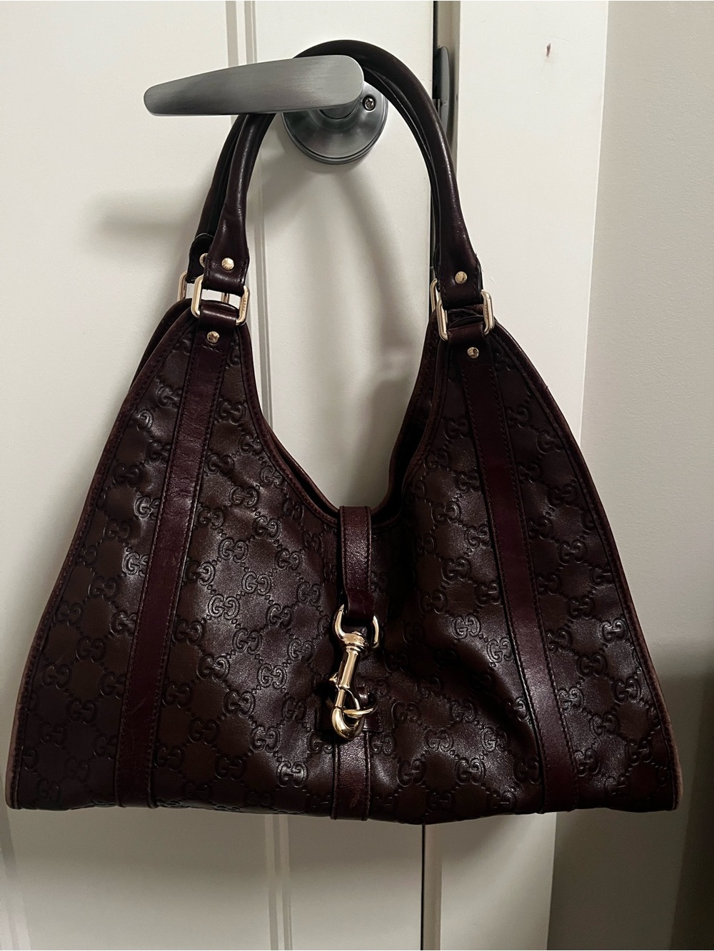 Gucci Deep Brown Embossed Leather Shoulder Bag with Gold Hardware